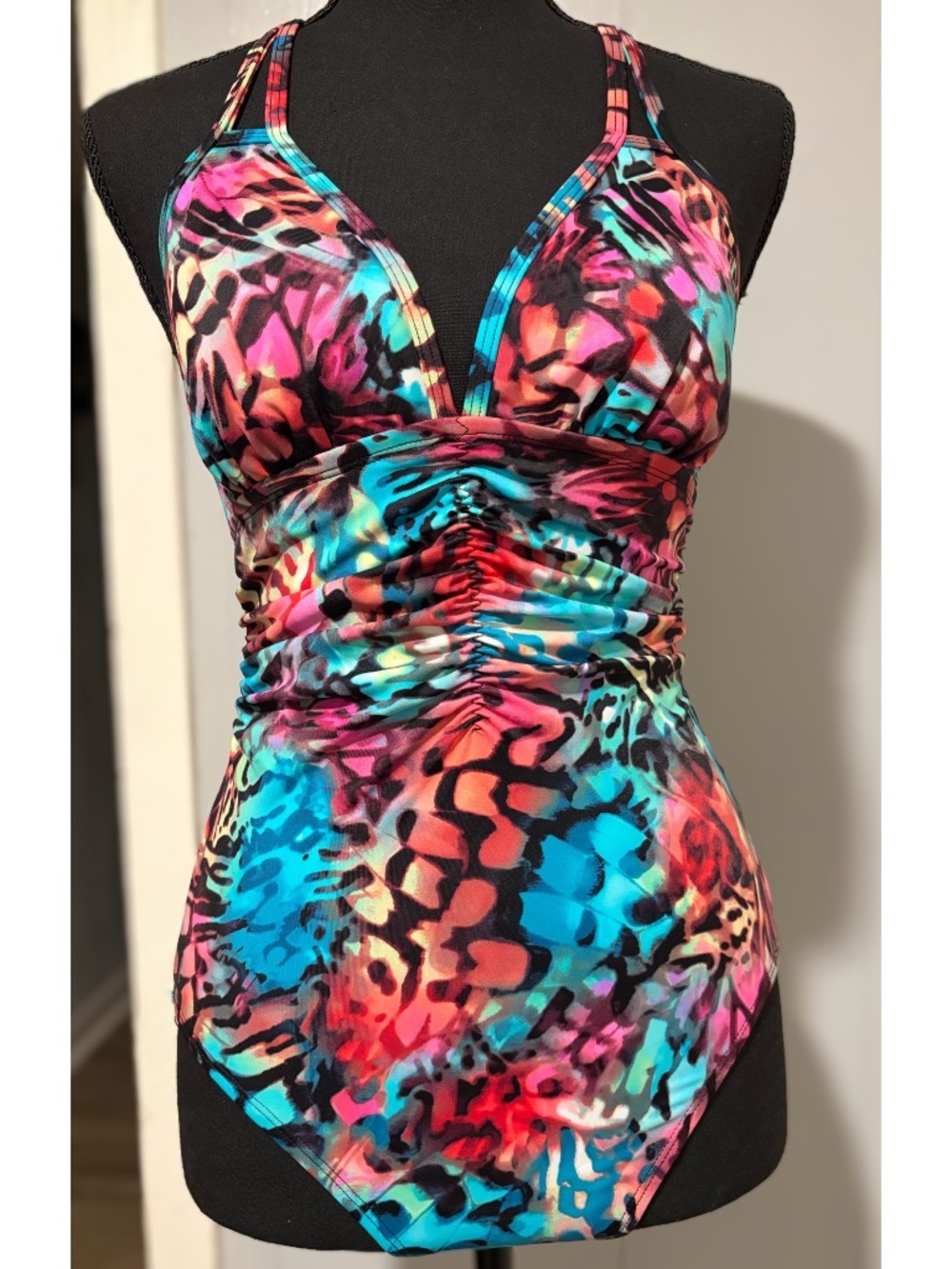 AQUA GREEN 1 Pc Classic Swimsuit Gathered Multi Color Abstract Size S